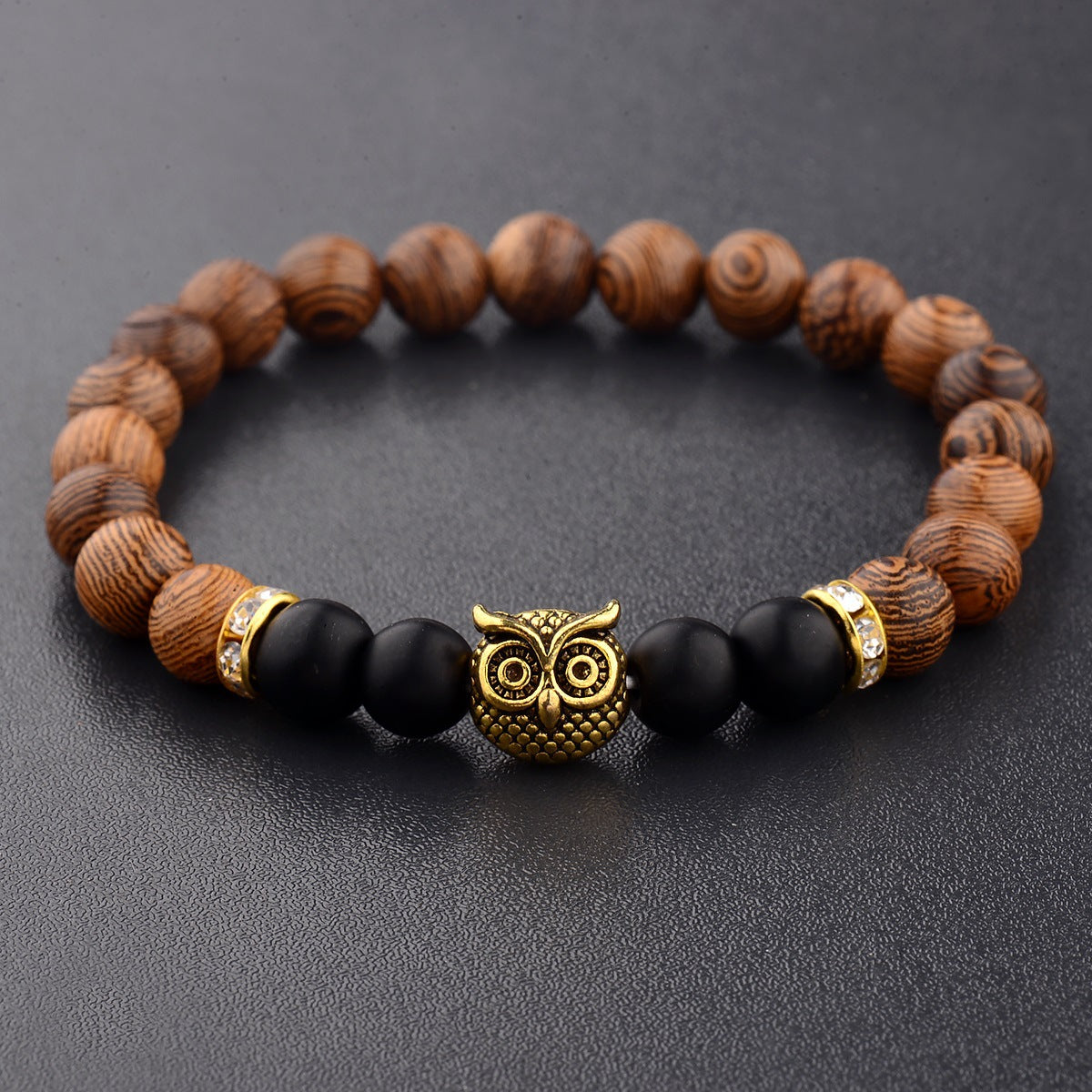 Owl Wood Grain Beaded Bracelet with Frosted Stone Accents