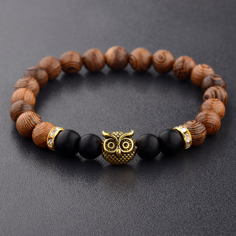 Owl Wood Grain Beaded Bracelet with Frosted Stone Accents