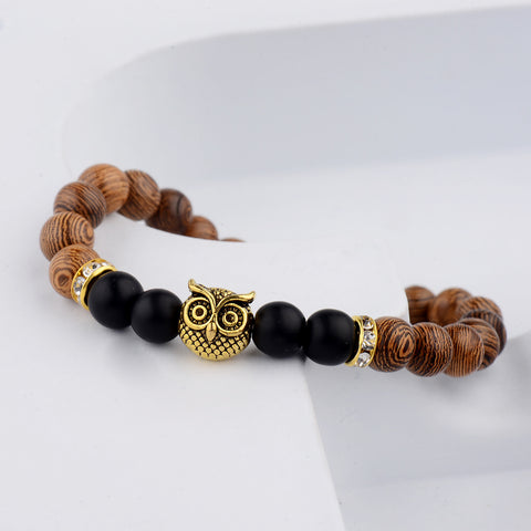 Owl Wood Grain Beaded Bracelet with Frosted Stone Accents
