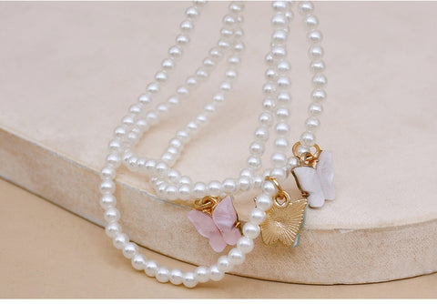 White Pearl Choker Necklace with Butterfly Charm for Women