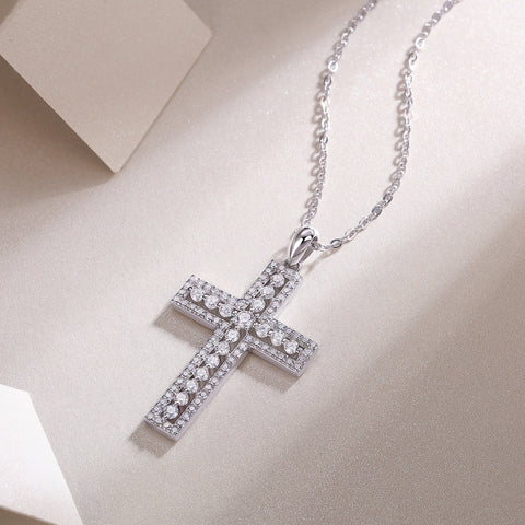 S925 Sterling Silver Cross Pendant Necklace with Moissanite Accent