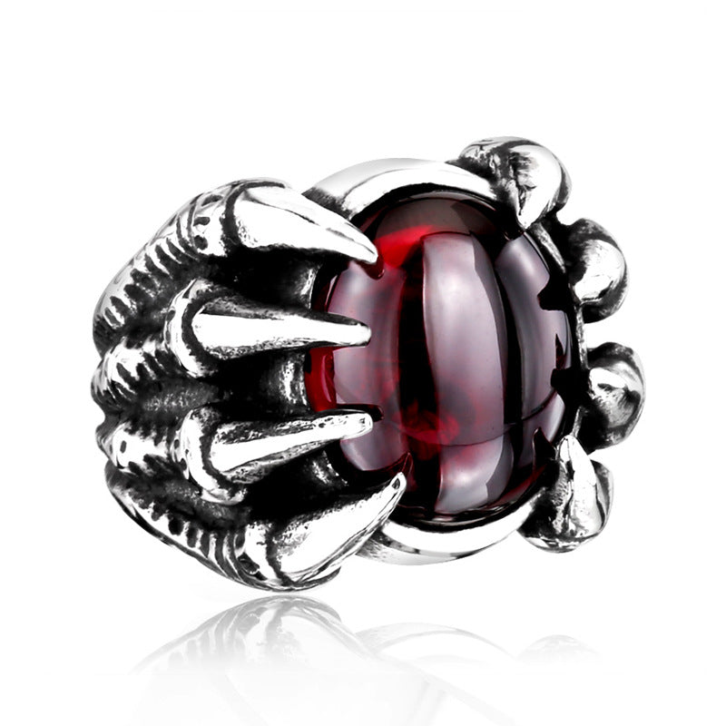 Men's Stainless Steel Ring with Red Inlaid Stone Bold Design