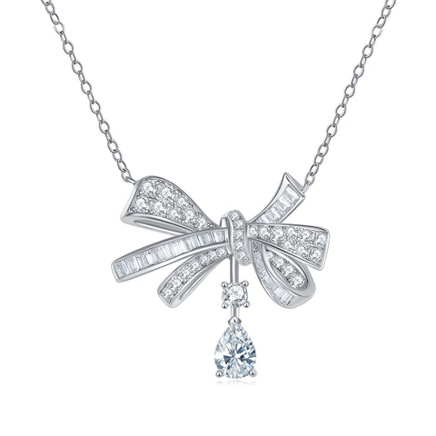 1Butterfly Sterling Silver Moissanite Pendant Necklace Modern Elegant Bow Design