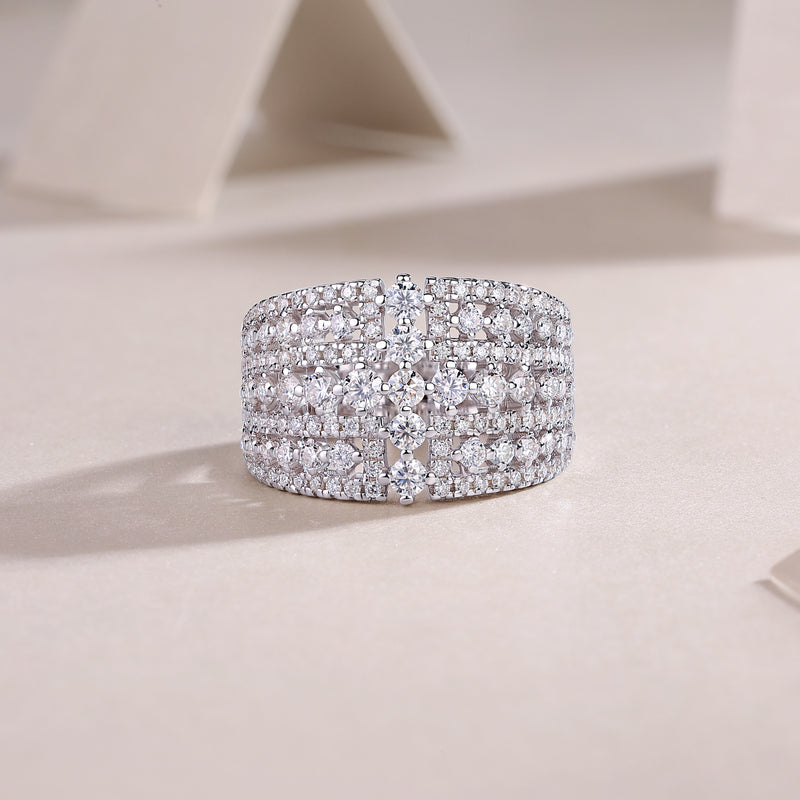 Luxurious Moissanite Silver Ring in S925 with Wide Band and Multiple Diamonds - 6