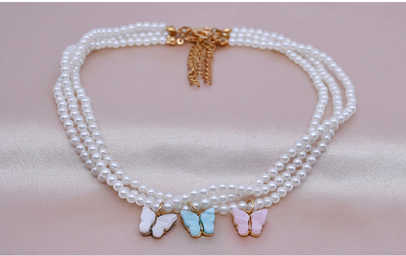 White Pearl Choker Necklace with Butterfly Charm for Women - 14