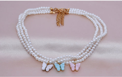 White Pearl Choker Necklace with Butterfly Charm for Women