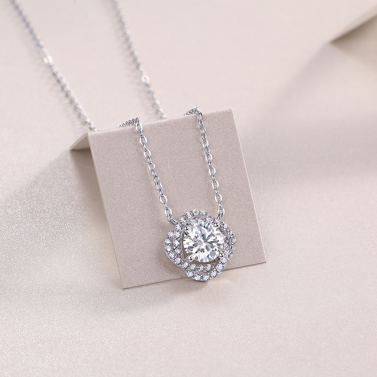 1Lucky Flower Moissanite Pendant Set in S925 Sterling Silver with Platinum Plating