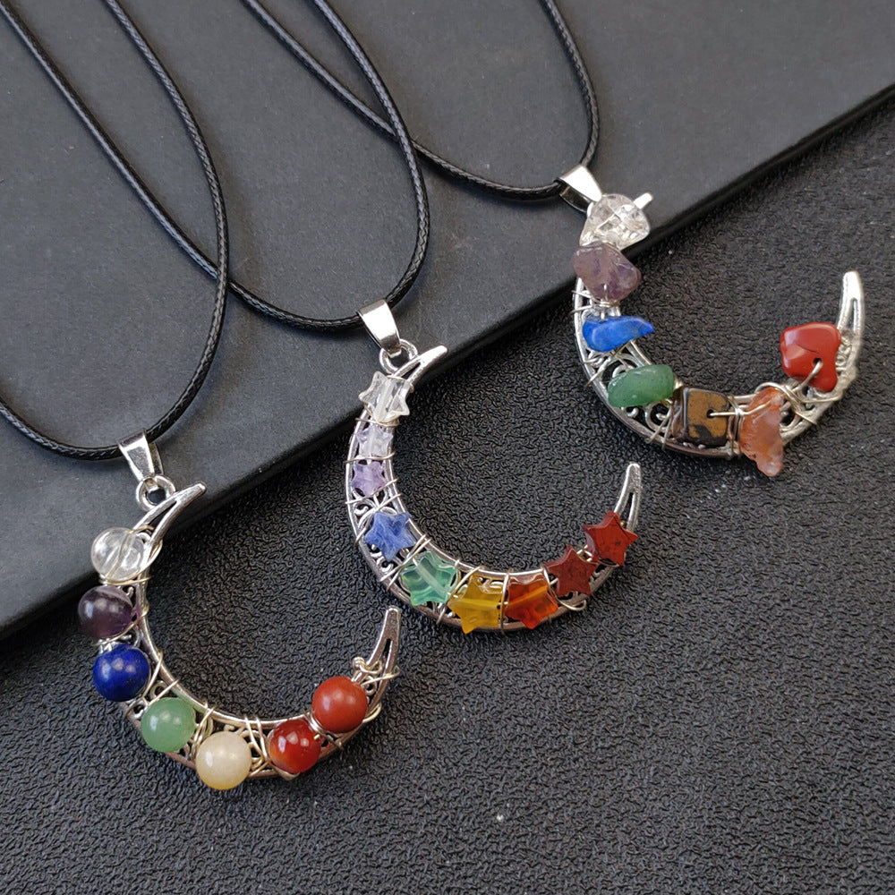 Seven Chakras Crystal Moon Pendant Necklace with Pentagram Design
