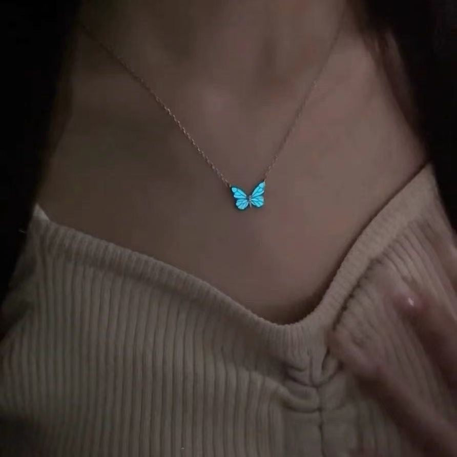 Blue Glow Butterfly Necklace and Bracelet Set for Women