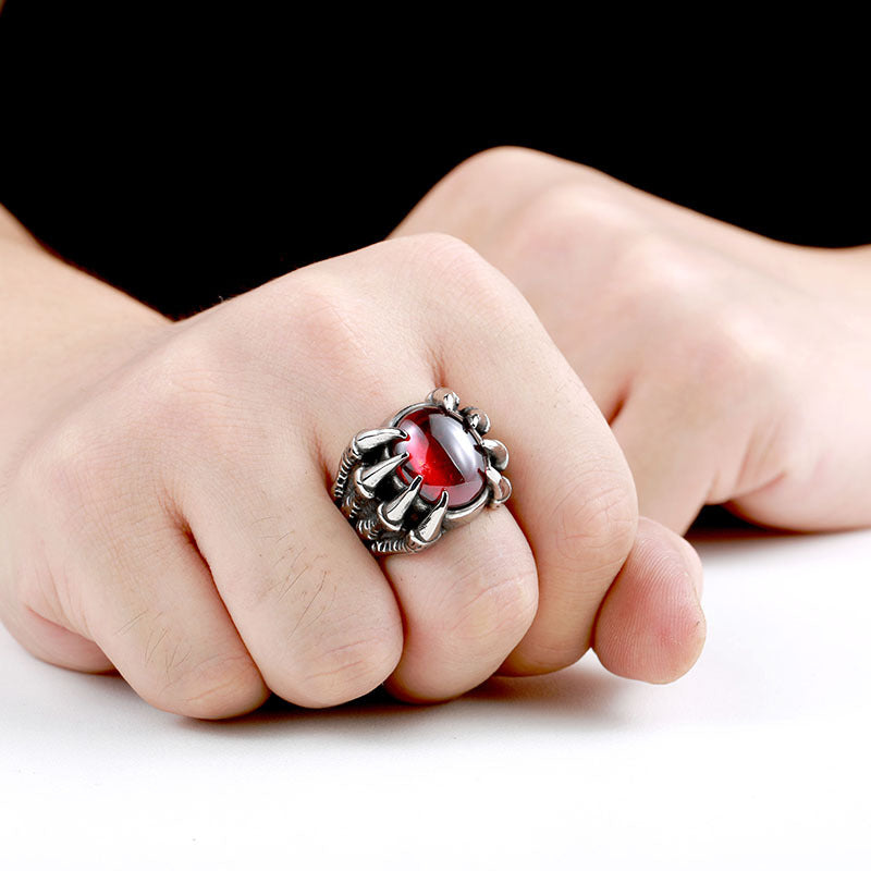 Men's Stainless Steel Ring with Red Inlaid Stone Bold Design