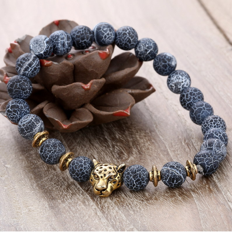 Black Agate Beaded Bracelet with Alloy Leopard Head - 2