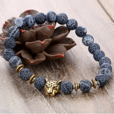 Black Agate Beaded Bracelet with Alloy Leopard Head