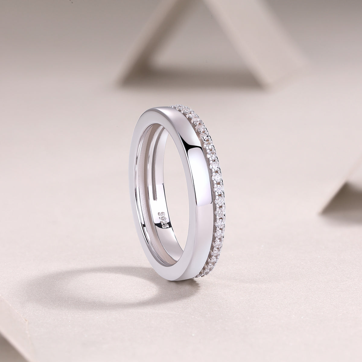 S925 Sterling Silver Double Ring with Moissanite Accent Modern Elegant Fine Jewelry