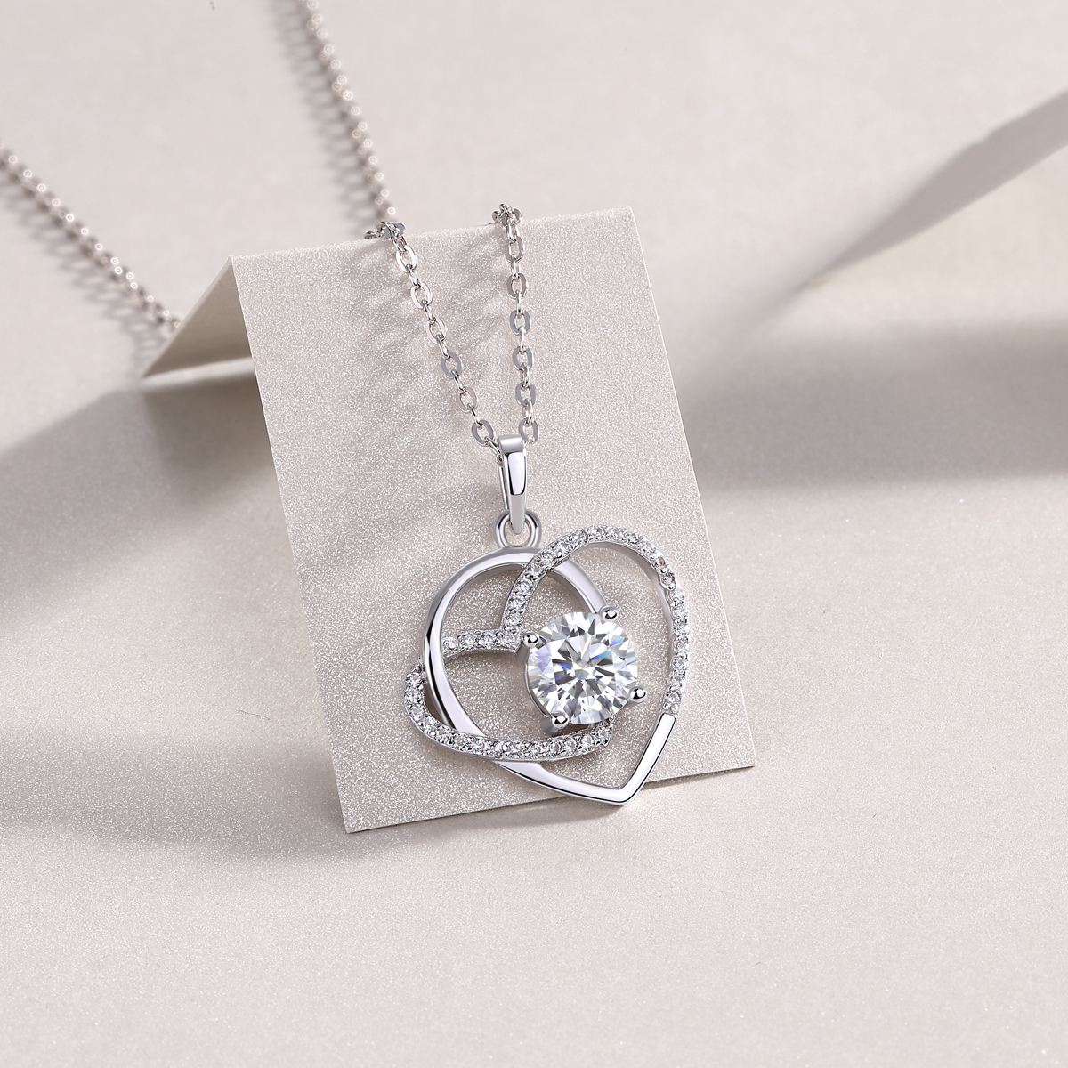 1-Carat Moissanite Heart Pendant Necklace in S925 Sterling Silver with Platinum Plating