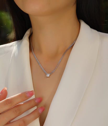 S925 Sterling Silver Square Moissanite Pendant Necklace Modern Elegant Fine Jewelry