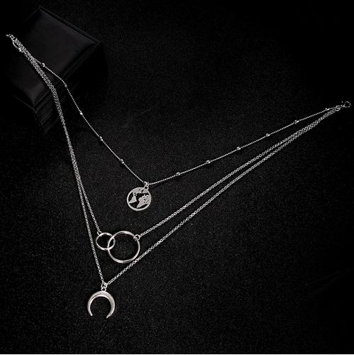 Boho Multilayer Moon and Map Necklace with Ring Set - 5