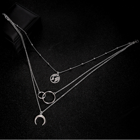 Boho Multilayer Moon and Map Necklace with Ring Set