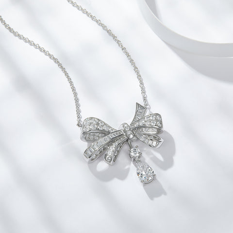 1Butterfly Sterling Silver Moissanite Pendant Necklace Modern Elegant Bow Design
