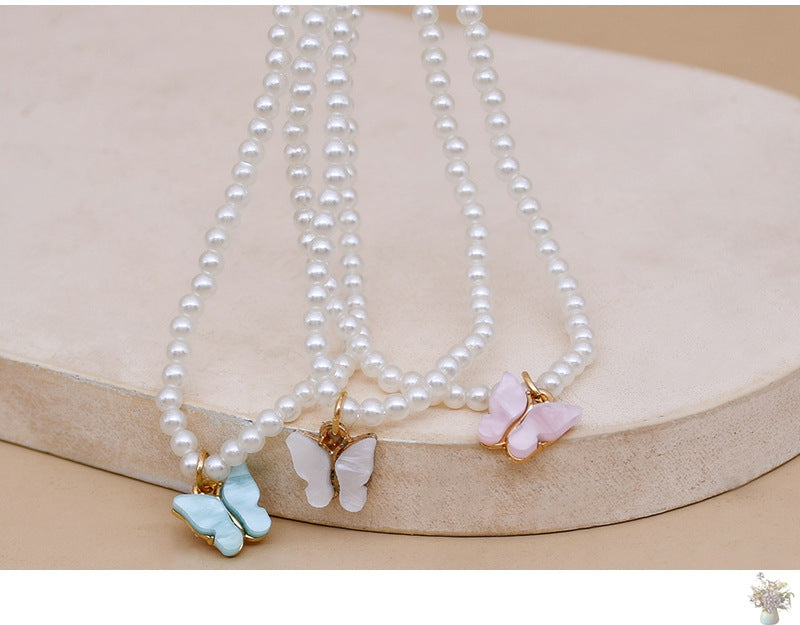 White Pearl Choker Necklace with Butterfly Charm for Women