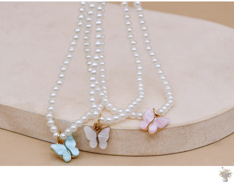 White Pearl Choker Necklace with Butterfly Charm for Women