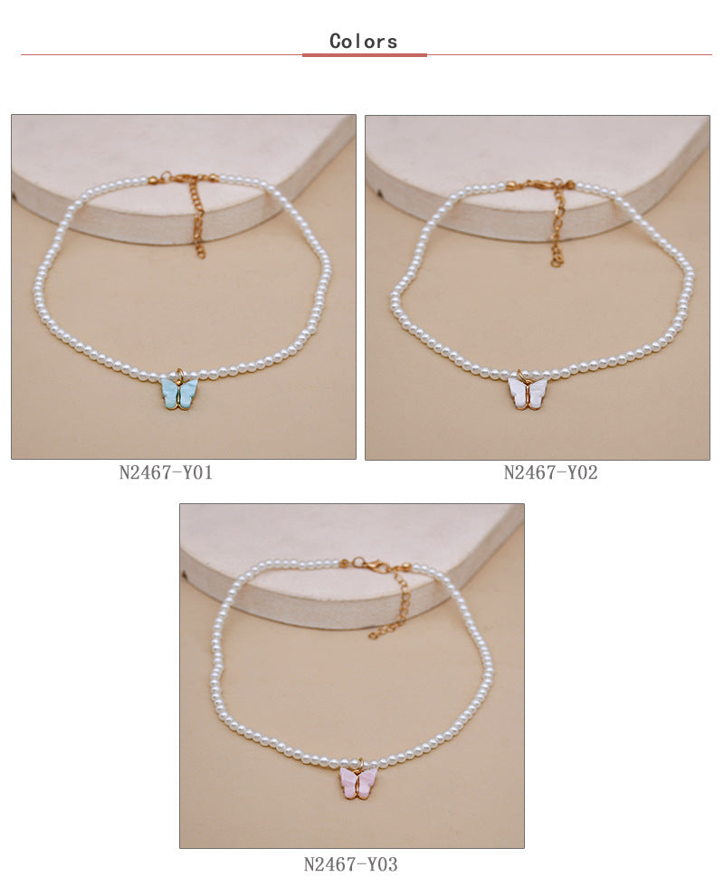 White Pearl Choker Necklace with Butterfly Charm for Women