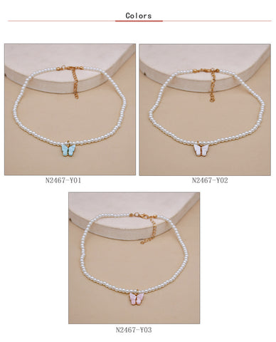 White Pearl Choker Necklace with Butterfly Charm for Women