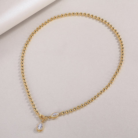 S925 Sterling Silver Moissanite Pendant Necklace with Gold-Plated Beaded Chain