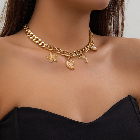 Boho Beach Charm Necklace and Bracelet Set for Women
