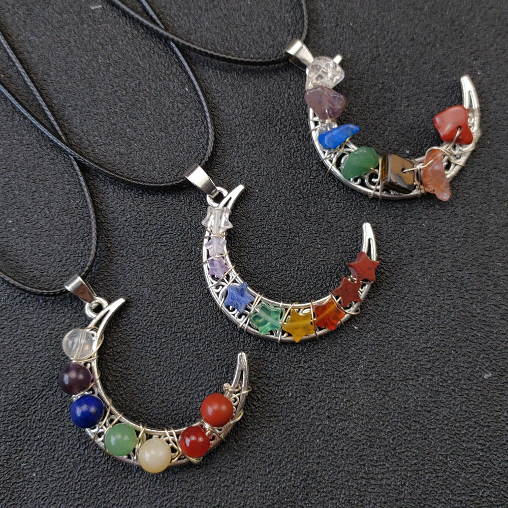 Seven Chakras Crystal Moon Pendant Necklace with Pentagram Design