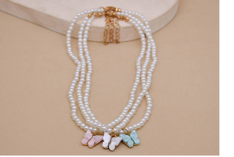 White Pearl Choker Necklace with Butterfly Charm for Women