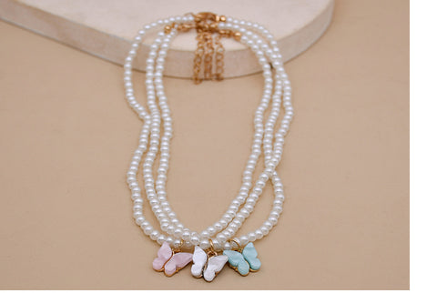 White Pearl Choker Necklace with Butterfly Charm for Women