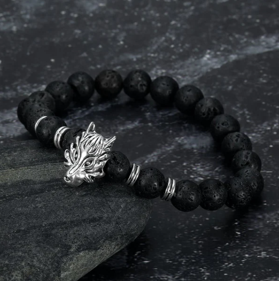 Grey Wolf Head Lava Stone Bracelet for Bold Style