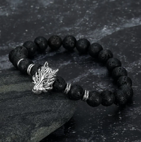 Grey Wolf Head Lava Stone Bracelet for Bold Style