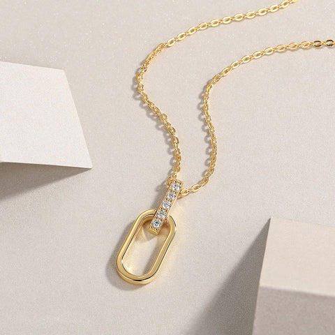 S925 Sterling Silver Moissanite Necklace Pendant Set with Gold Plating - Modern Geometric Design