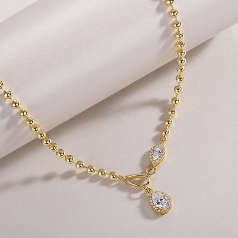 S925 Sterling Silver Moissanite Pendant Necklace with Gold-Plated Beaded Chain