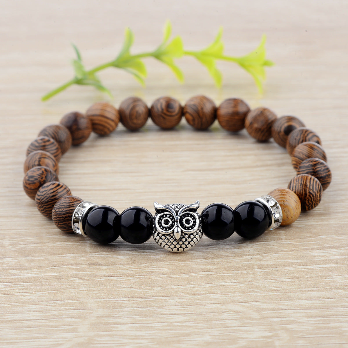 Owl Wood Grain Beaded Bracelet with Frosted Stone Accents