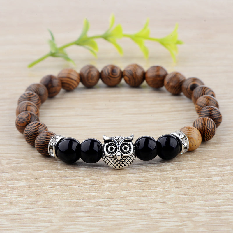 Owl Wood Grain Beaded Bracelet with Frosted Stone Accents - 8