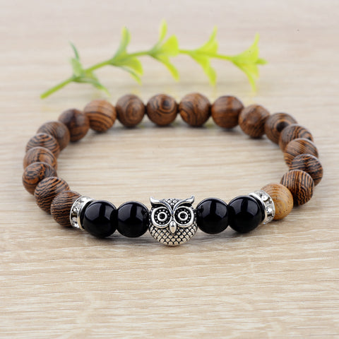 Owl Wood Grain Beaded Bracelet with Frosted Stone Accents