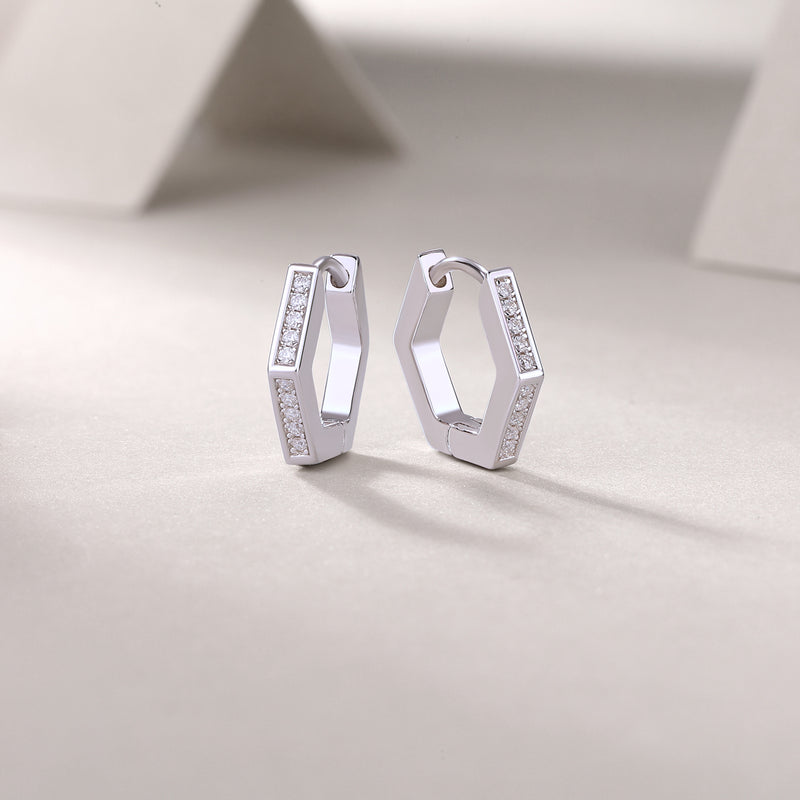 S925 Sterling Silver Hexagonal Hoop Moissanite Stud Earrings Modern & Elegant Fine Jewelry - 3