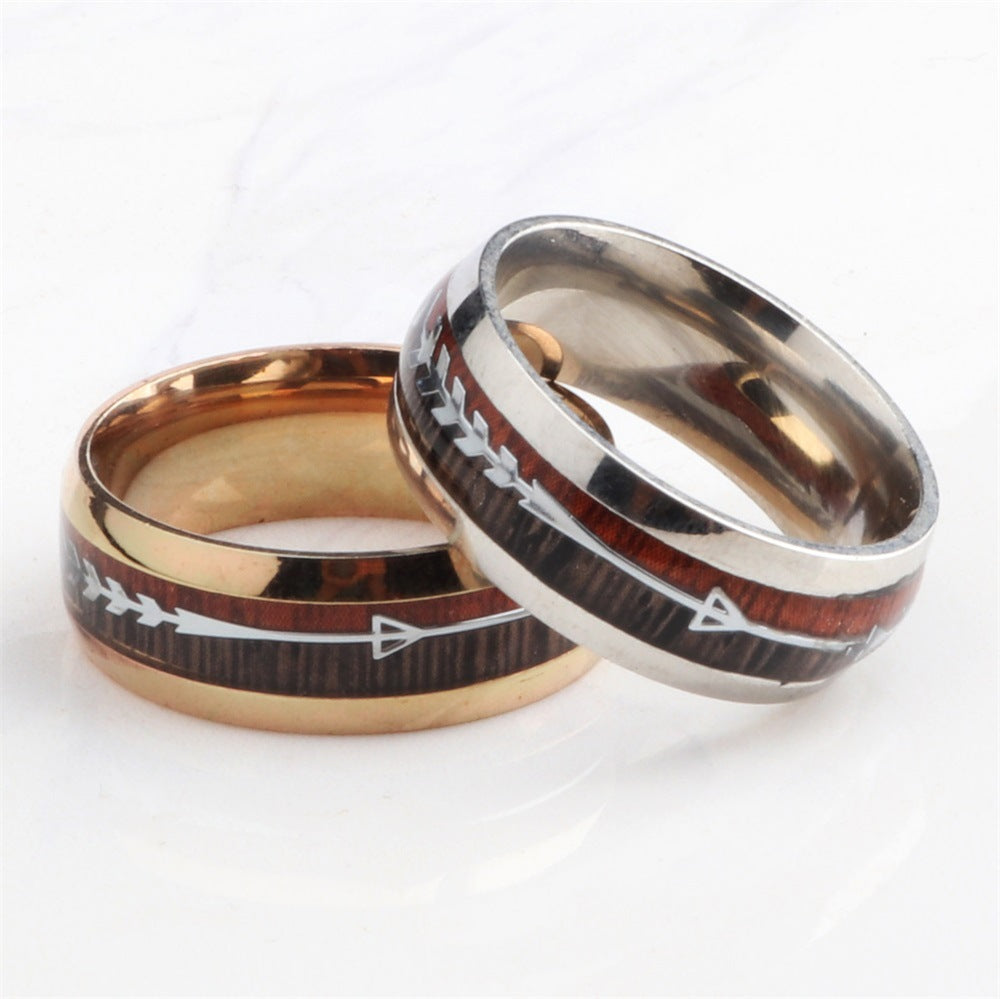 Men's Stainless Steel Ring with Wood Grain Arrow Inlay