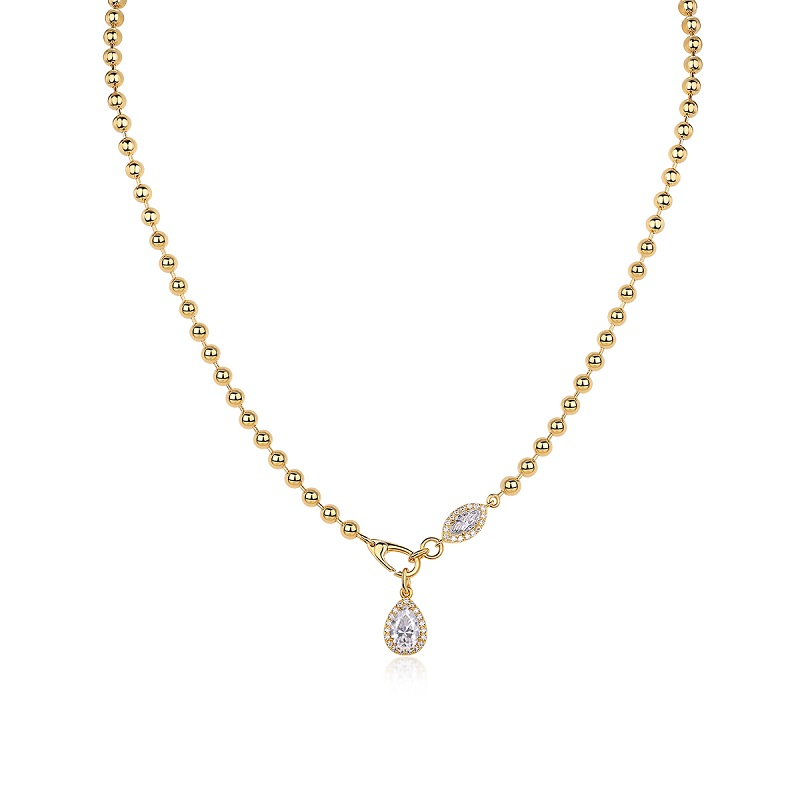 S925 Sterling Silver Moissanite Pendant Necklace with Gold-Plated Beaded Chain - 1