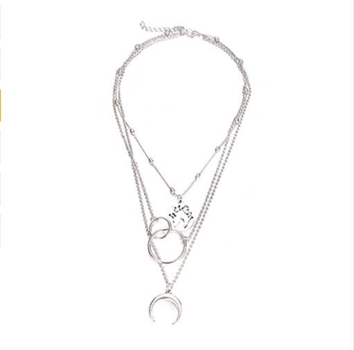Boho Multilayer Moon and Map Necklace with Ring Set - 3