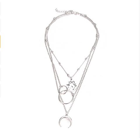 Boho Multilayer Moon and Map Necklace with Ring Set