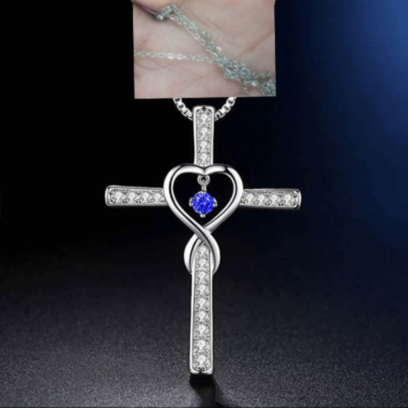 Gold Plated Christian Cross Pendant Necklace with Birthstone Crystal - 5