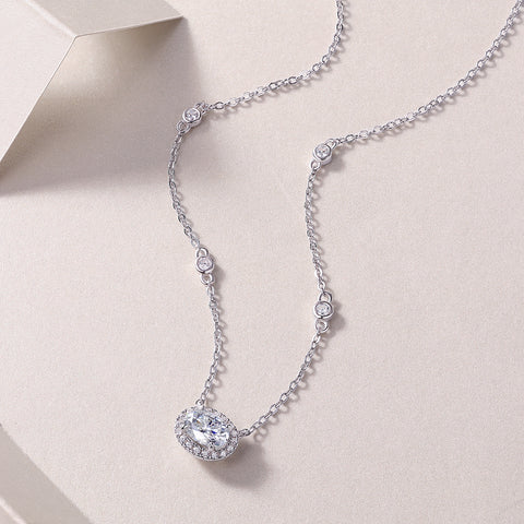 Egg-Shaped Moissanite Pendant Necklace in S925 Sterling Silver with Platinum Plating