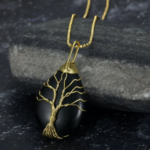 Celtic Tree of Life Teardrop Gemstone Pendant Necklace