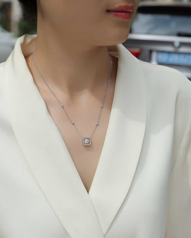 1Sweet Moissanite Pendant Necklace Set in S925 Sterling Silver with Platinum Plating