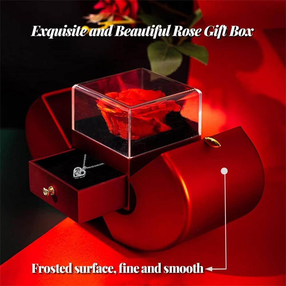 Red Apple Jewelry Box with Eternal Rose and Gold Plated Necklace Gift Set