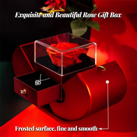 Red Apple Jewelry Box with Eternal Rose and Gold Plated Necklace Gift Set