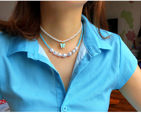 White Pearl Choker Necklace with Butterfly Charm for Women